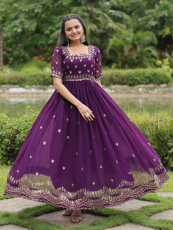 Purple Faux Blooming With Embroidery Zari Sequins Gown