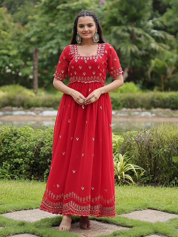 Red Faux Blooming With Embroidery Zari Sequins Gown