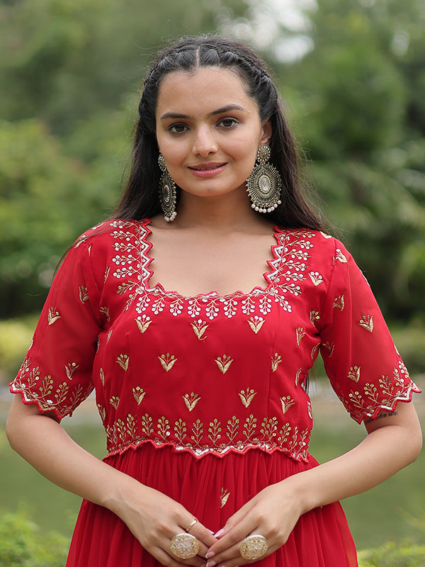 Red Faux Blooming With Embroidery Zari Sequins Gown