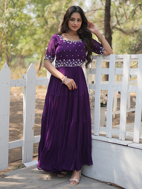 Purple Faux Blooming With Embroidery Zari Sequins Gown