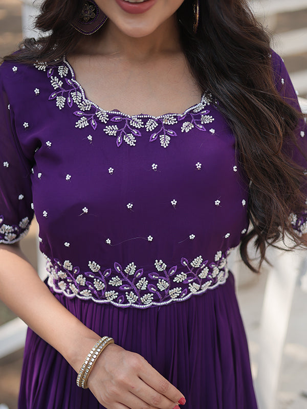 Purple Faux Blooming With Embroidery Zari Sequins Gown