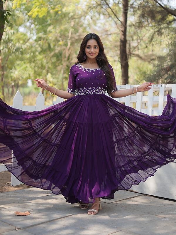 Purple Faux Blooming With Embroidery Zari Sequins Gown