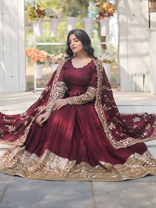 Dark Maroon Vichitra With Rich Sequins Embroidered Gown With Dupatta