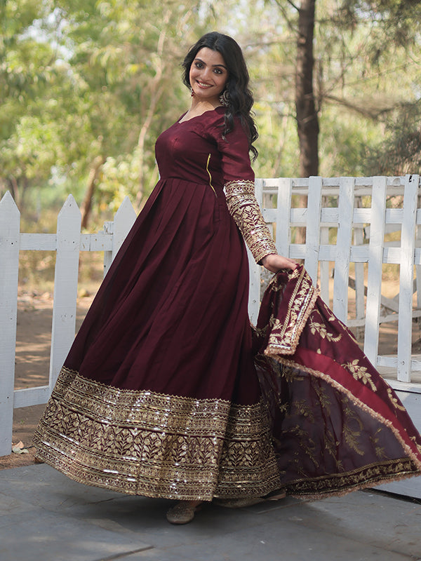 Dark Maroon Vichitra With Rich Sequins Embroidered Gown With Dupatta