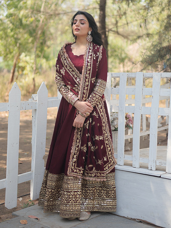 Dark Maroon Vichitra With Rich Sequins Embroidered Gown With Dupatta