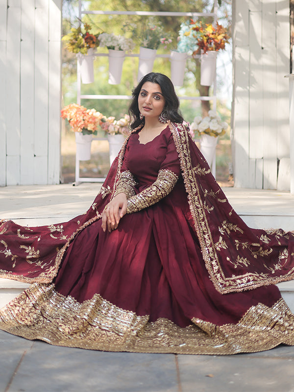 Dark Maroon Vichitra With Rich Sequins Embroidered Gown With Dupatta