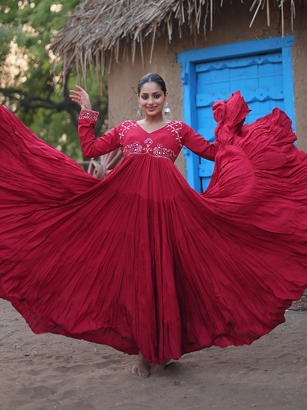 Maroon Heavy Rayon Mirror Work Layered Gown