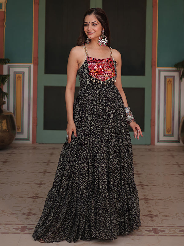 Black Sleeveless Georgette Bandhani Print With Kutchi Patchwork Gown