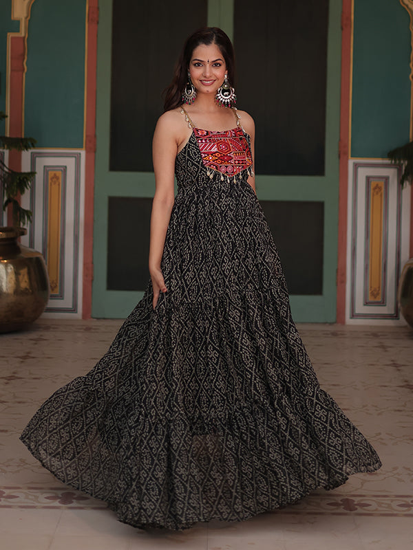 Black Sleeveless Georgette Bandhani Print With Kutchi Patchwork Gown