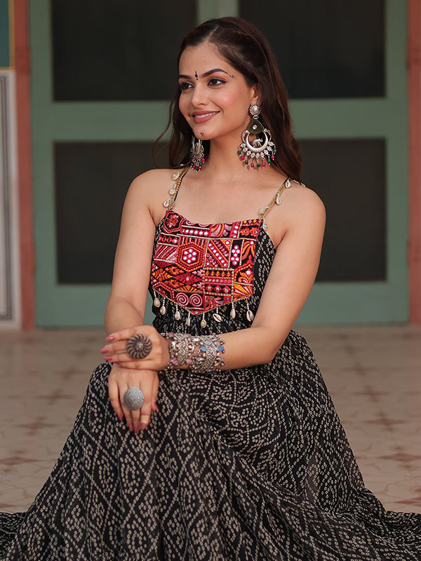 Black Sleeveless Georgette Bandhani Print With Kutchi Patchwork Gown