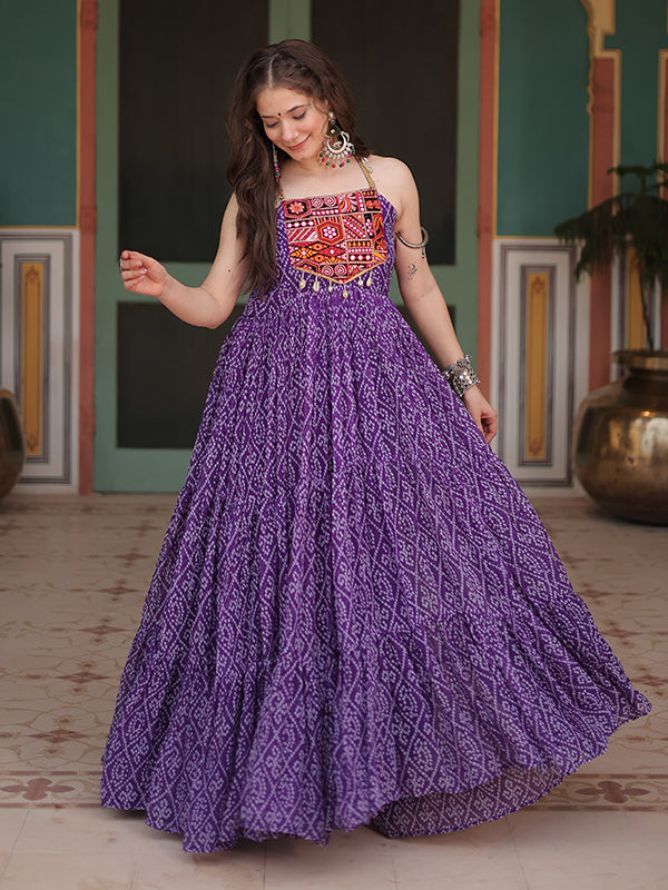 Purple Sleeveless Georgette Bandhani Print With Kutchi Patchwork Gown