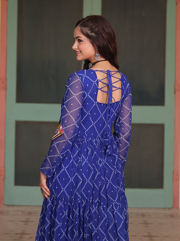 Blue Bandhani Print With Kutchi Patchwork Neck Georgette Gown