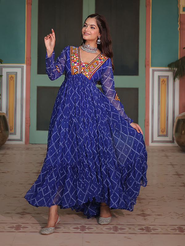 Blue Bandhani Print With Kutchi Patchwork Neck Georgette Gown