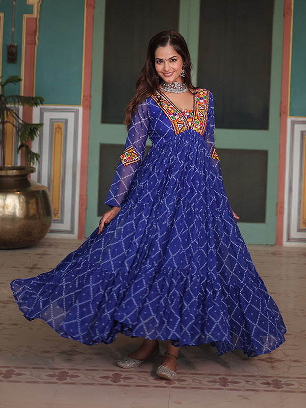 Blue Bandhani Print With Kutchi Patchwork Neck Georgette Gown