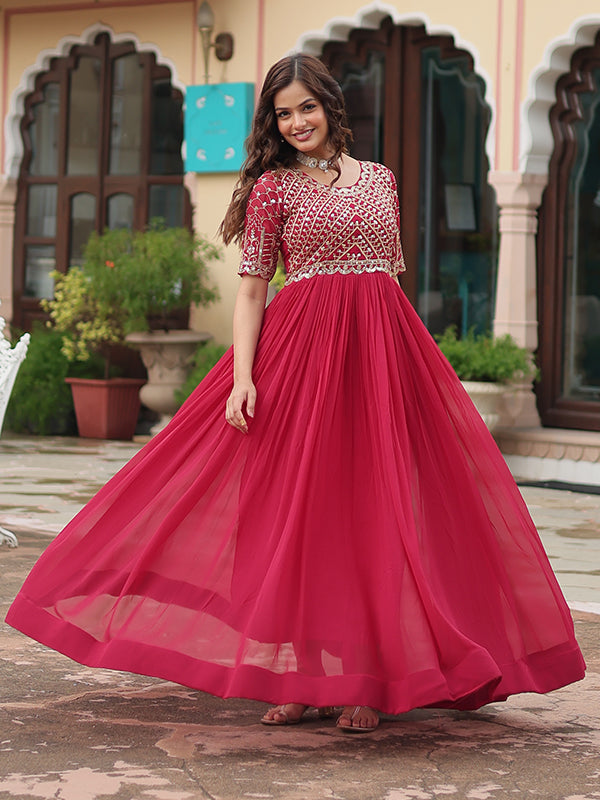 Pink Faux Blooming With Embroidery Zari Sequins Gown