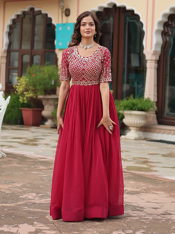 Pink Faux Blooming With Embroidery Zari Sequins Gown