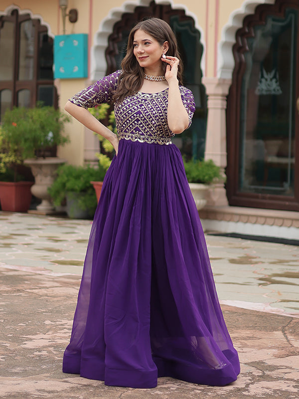 Purple Faux Blooming With Embroidery Zari Sequins Gown