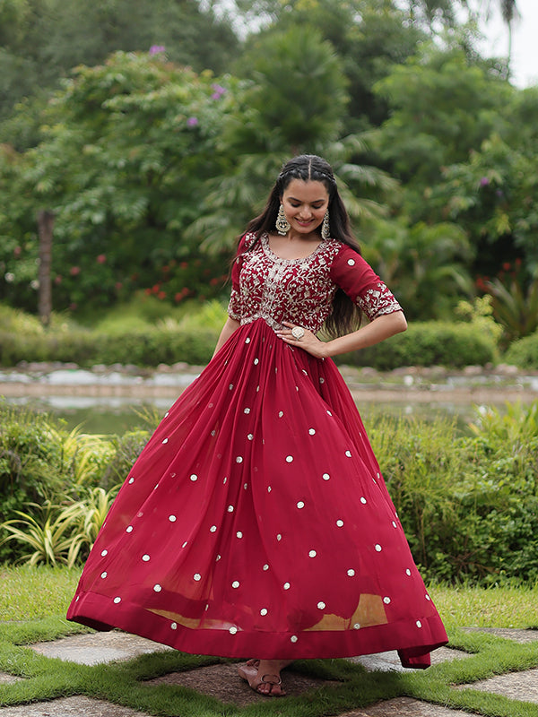 Maroon Faux Blooming With Embroidery Zari Sequins Gown