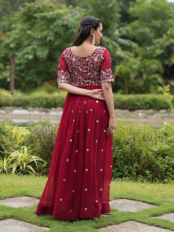 Maroon Faux Blooming With Embroidery Zari Sequins Gown