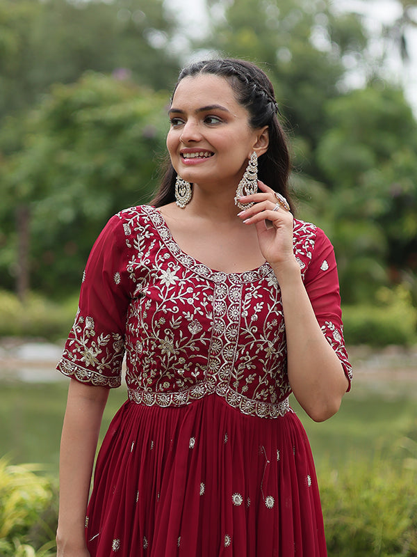 Maroon Faux Blooming With Embroidery Zari Sequins Gown