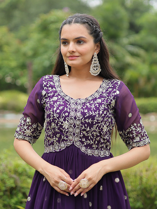 Purple Faux Blooming With Embroidery Zari Sequins Gown