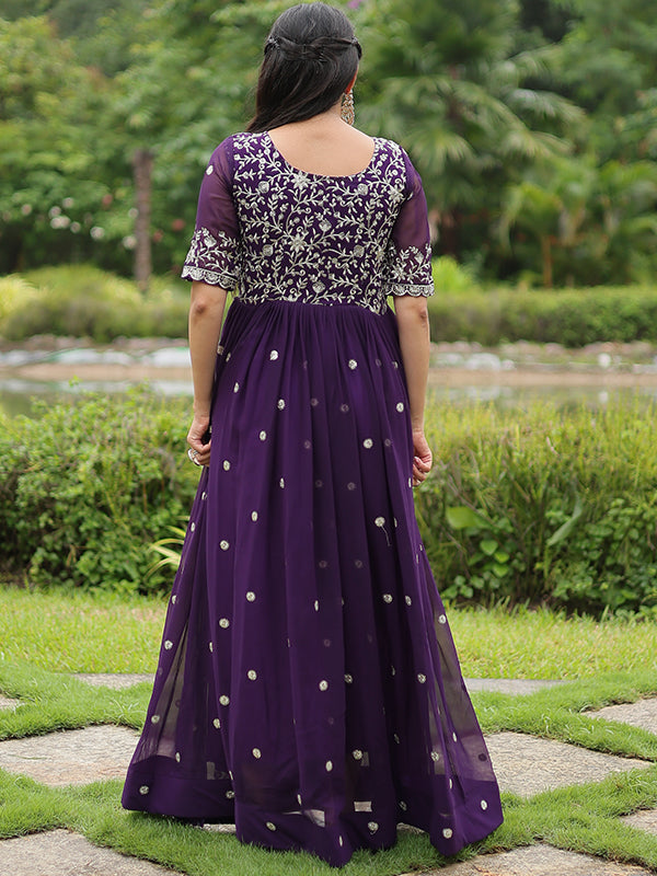 Purple Faux Blooming With Embroidery Zari Sequins Gown