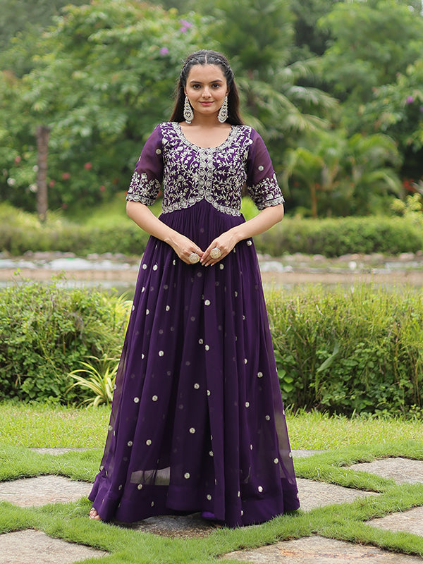 Purple Faux Blooming With Embroidery Zari Sequins Gown