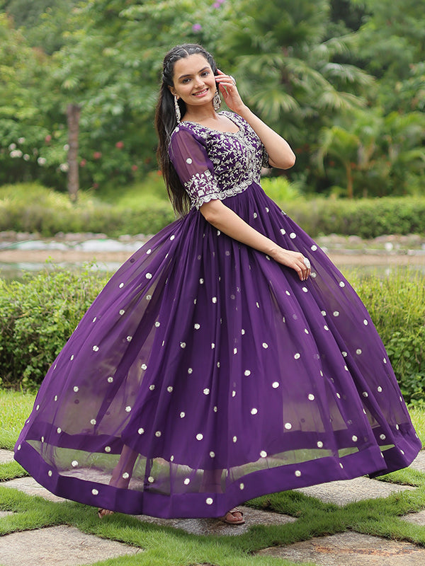 Purple Faux Blooming With Embroidery Zari Sequins Gown