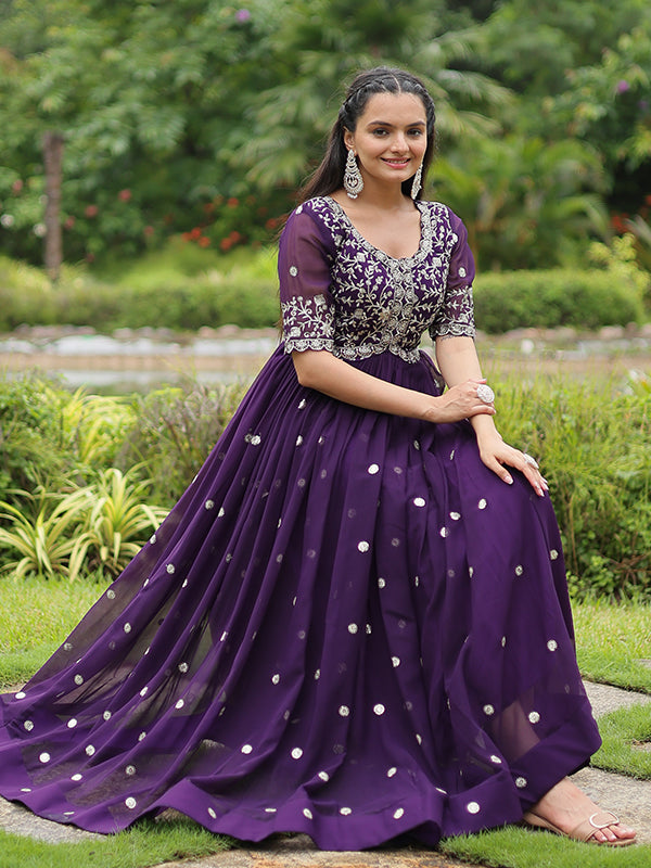 Purple Faux Blooming With Embroidery Zari Sequins Gown