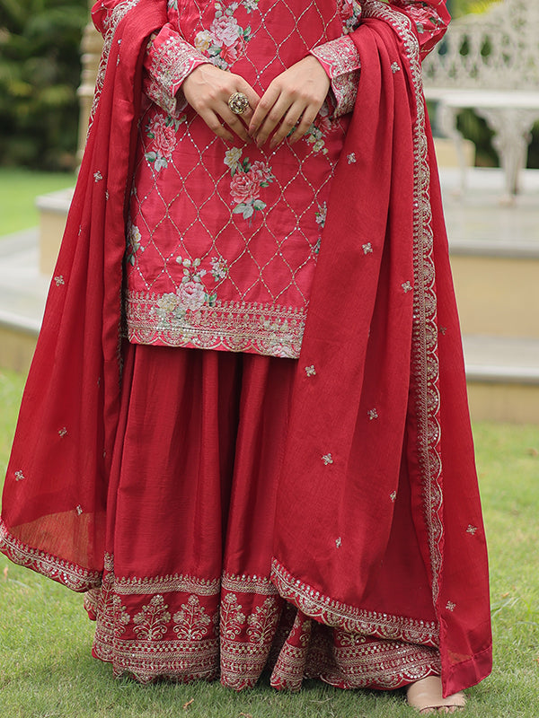 Maroon Chinnon Sequins & Embroidered Kurti With Palazzo Set