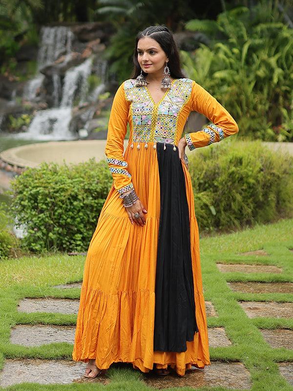 Orange Heavy Rayon Plain Layered With Kutchi Gamthi Work Gown