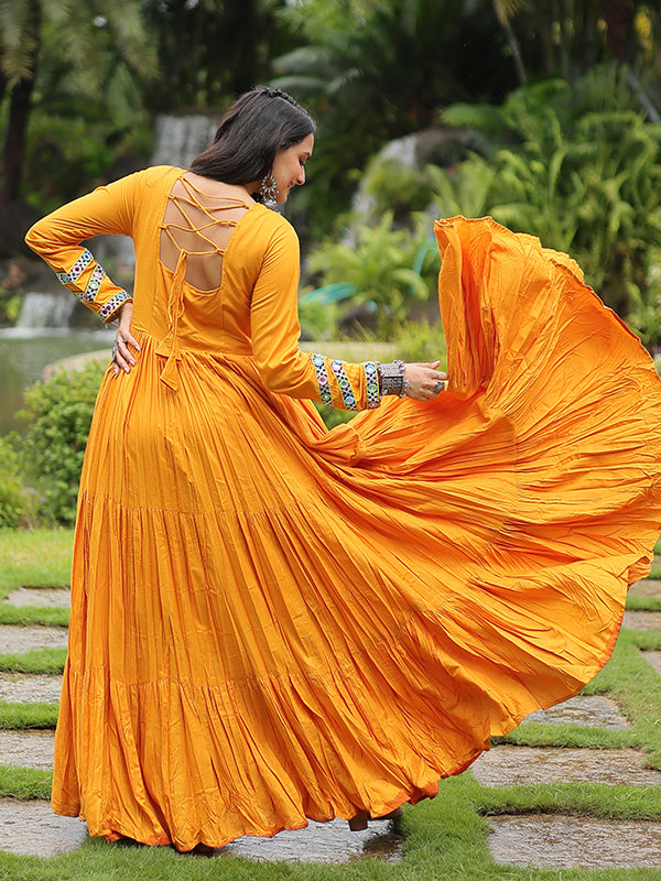 Orange Heavy Rayon Plain Layered With Kutchi Gamthi Work Gown