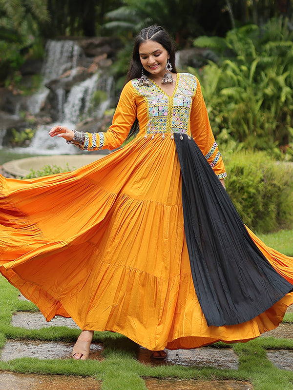 Orange Heavy Rayon Plain Layered With Kutchi Gamthi Work Gown