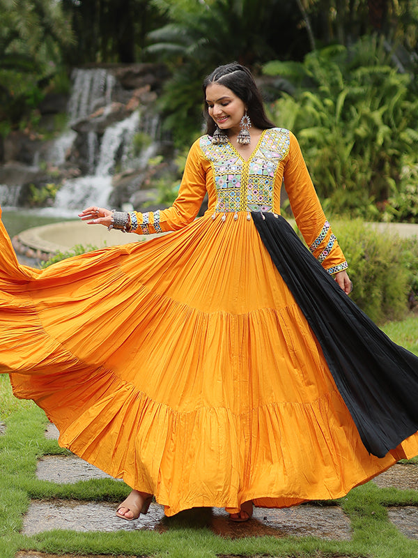 Orange Heavy Rayon Plain Layered With Kutchi Gamthi Work Gown