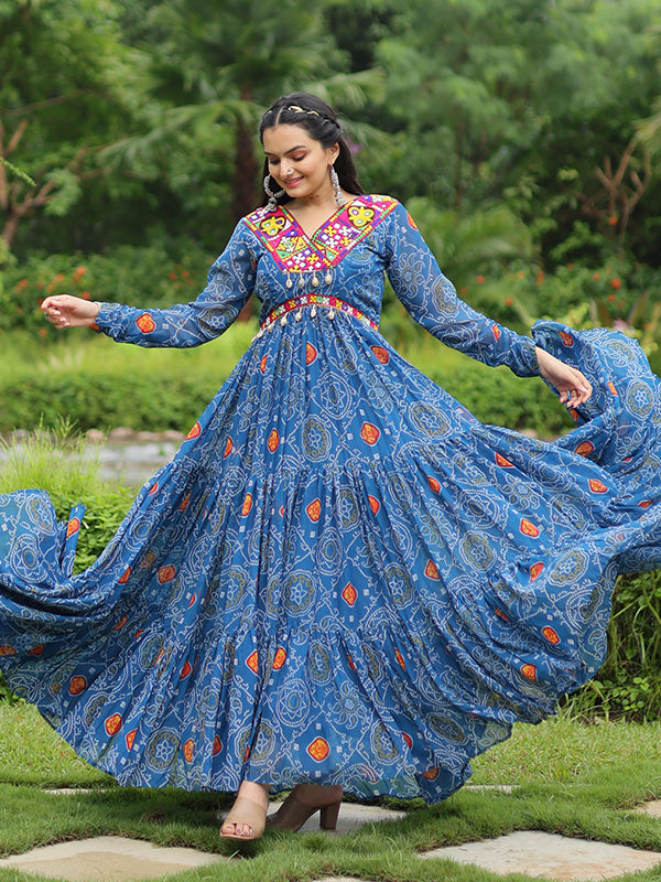 Blue Faux Georgette Bandhani Print With Kutchi Patchwork Gown