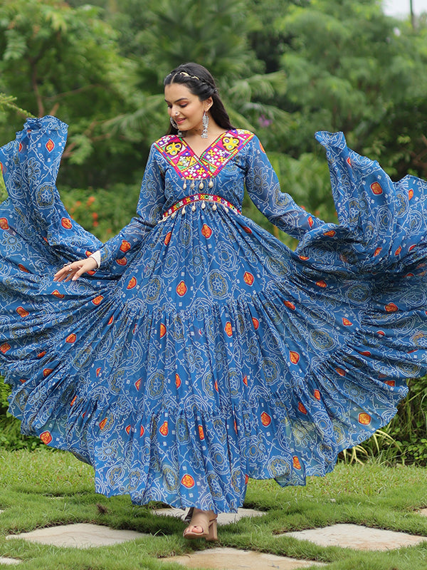 Blue Faux Georgette Bandhani Print With Kutchi Patchwork Gown