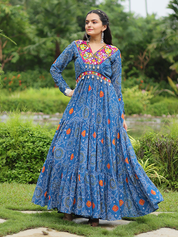 Blue Faux Georgette Bandhani Print With Kutchi Patchwork Gown