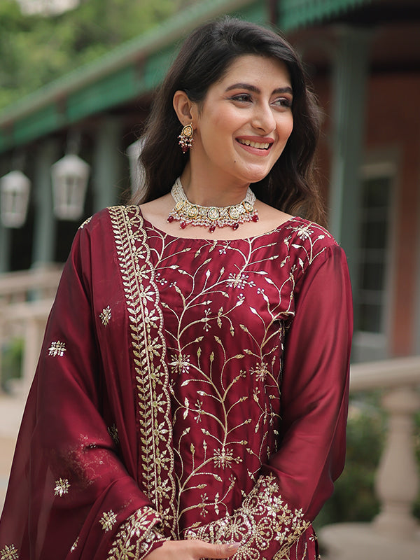 Maroon Rangoli Silk Embroidered Kurta With Sharara & Dupatta