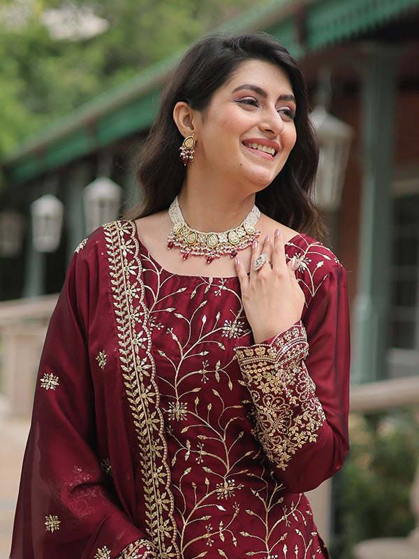 Maroon Rangoli Silk Embroidered Kurta With Sharara & Dupatta