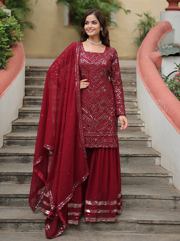 Maroon Faux Georgette Embroidered Kurta With Sharara & Dupatta