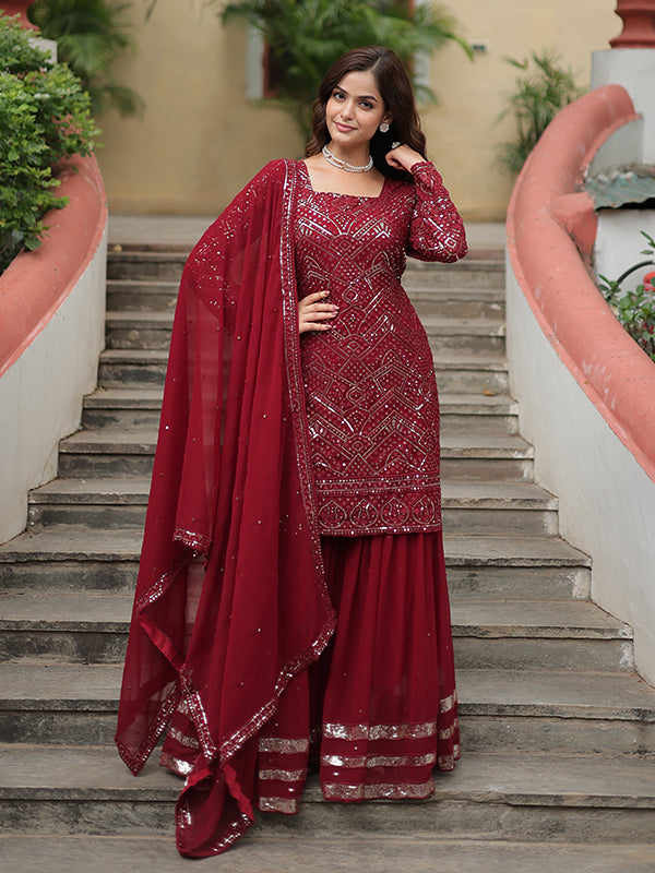 Maroon Faux Georgette Embroidered Kurta With Sharara & Dupatta