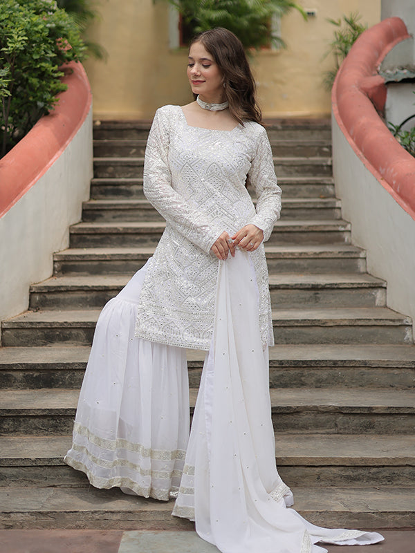 White Faux Georgette Embroidered Kurta With Sharara & Dupatta