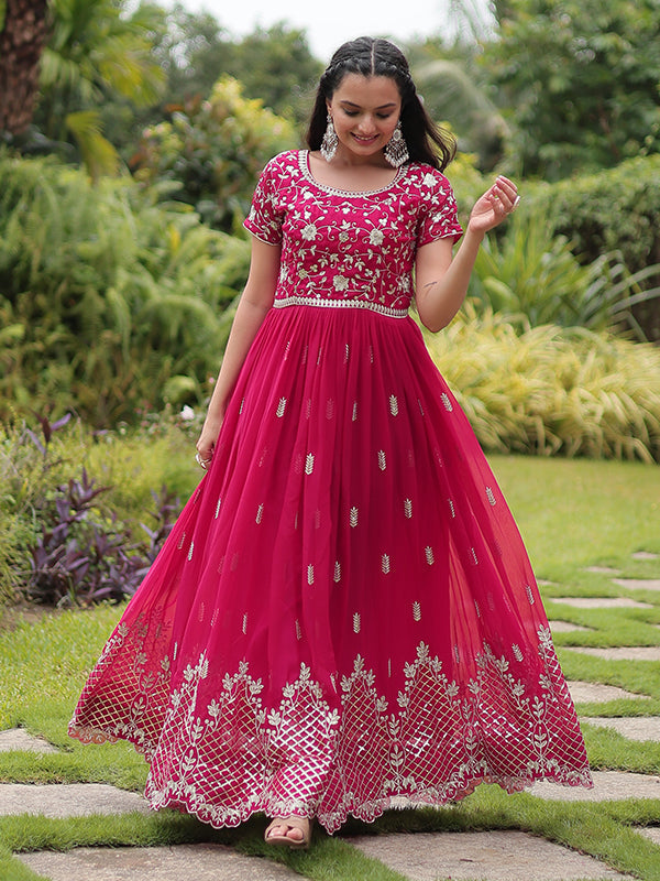 Pink Faux Blooming With Embroidery Zari Sequins Gown