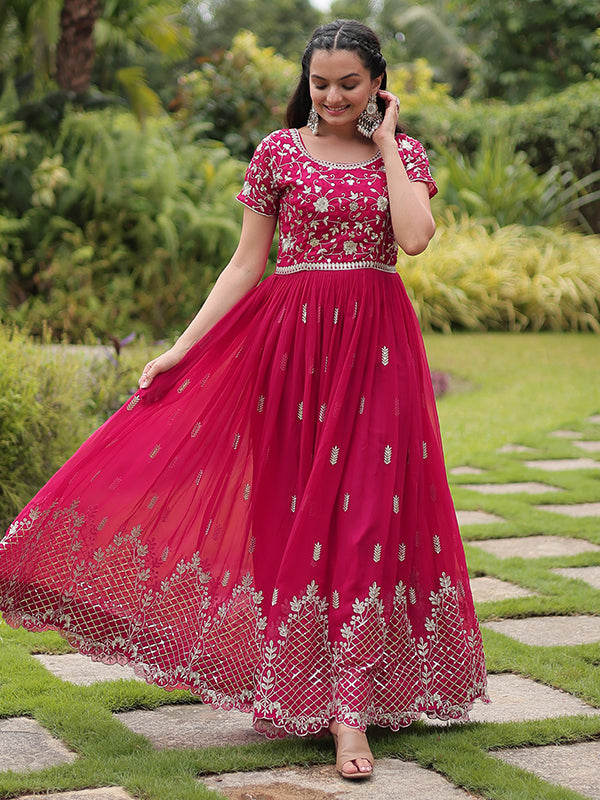 Pink Faux Blooming With Embroidery Zari Sequins Gown