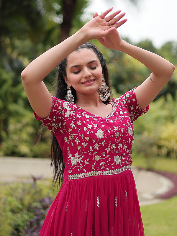 Pink Faux Blooming With Embroidery Zari Sequins Gown