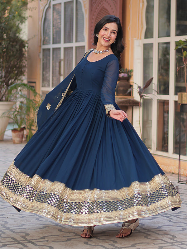 Rama Blue Faux Blooming Sequins Embroidered Gown With Dupatta