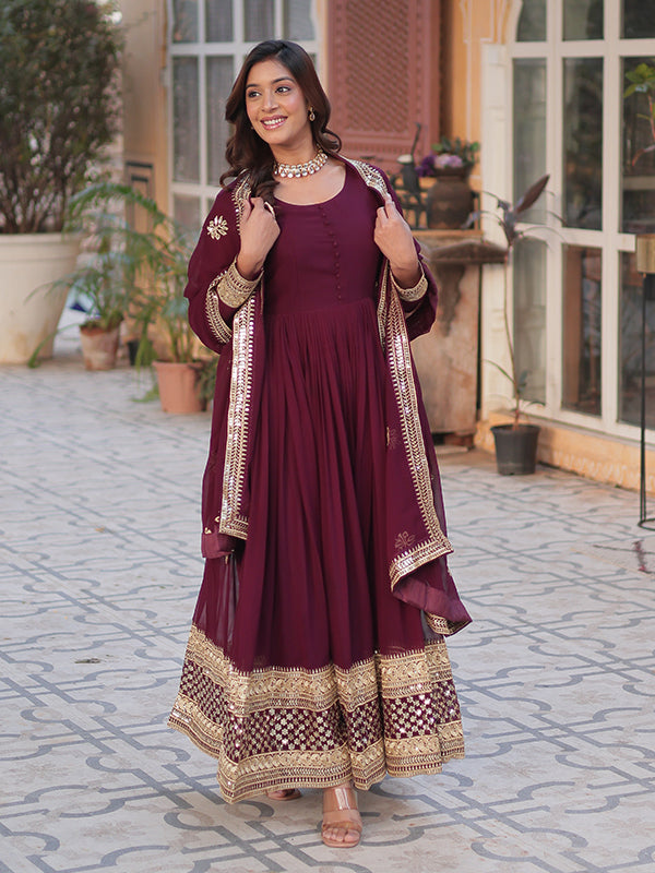 Maroon Wine Faux Blooming Sequins Embroidered Gown With Dupatta