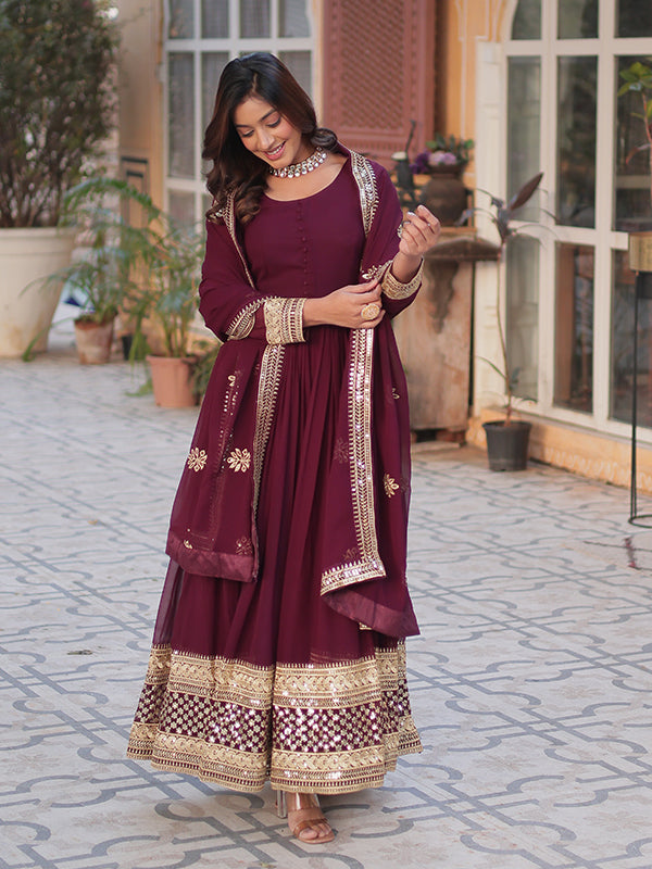 Maroon Wine Faux Blooming Sequins Embroidered Gown With Dupatta