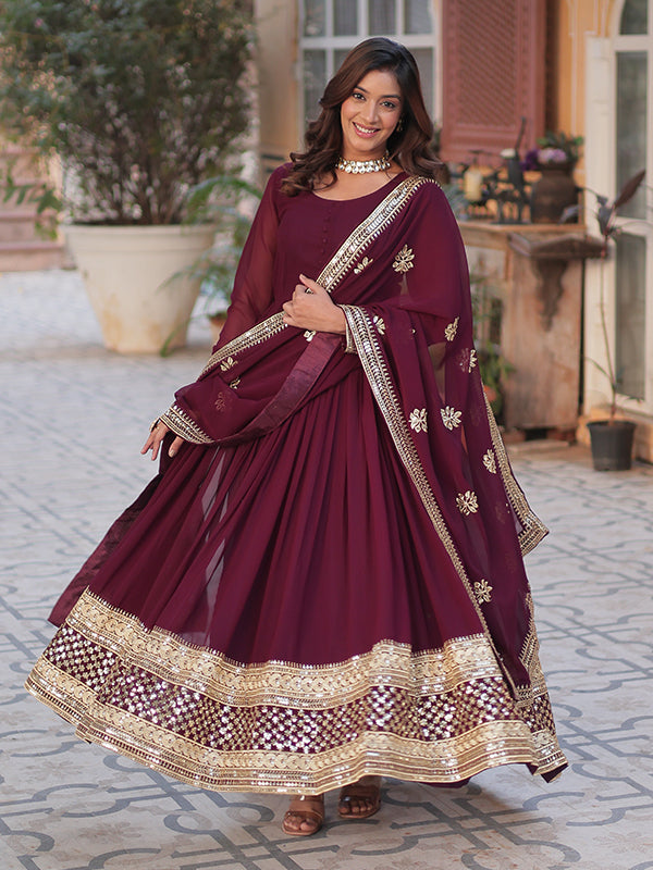 Maroon Wine Faux Blooming Sequins Embroidered Gown With Dupatta