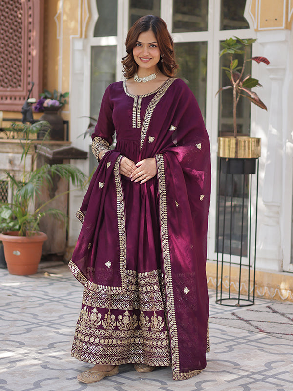 Wine Vichitra Sequins Embroidered Gown With Dupatta